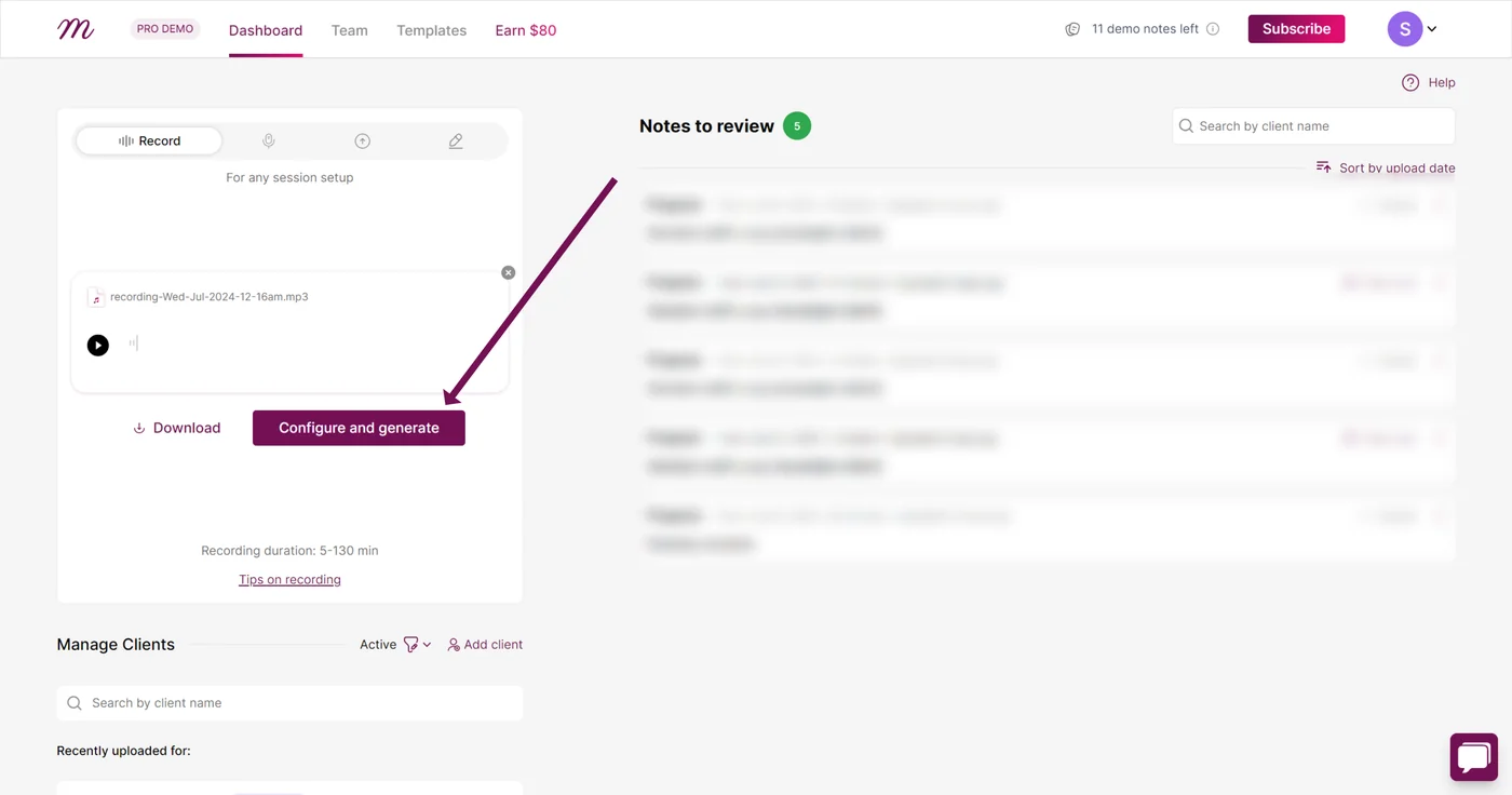 Screenshot: Conduct and record your group therapy session as usual. When you are done, click on the 'Configure and generate' button