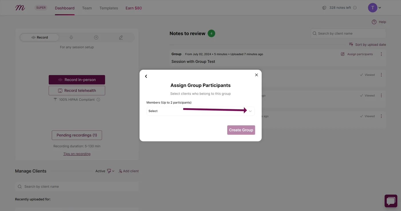 Screenshot: Click on 'Continue' to proceed to 'Assign Group Participants' to select the group members