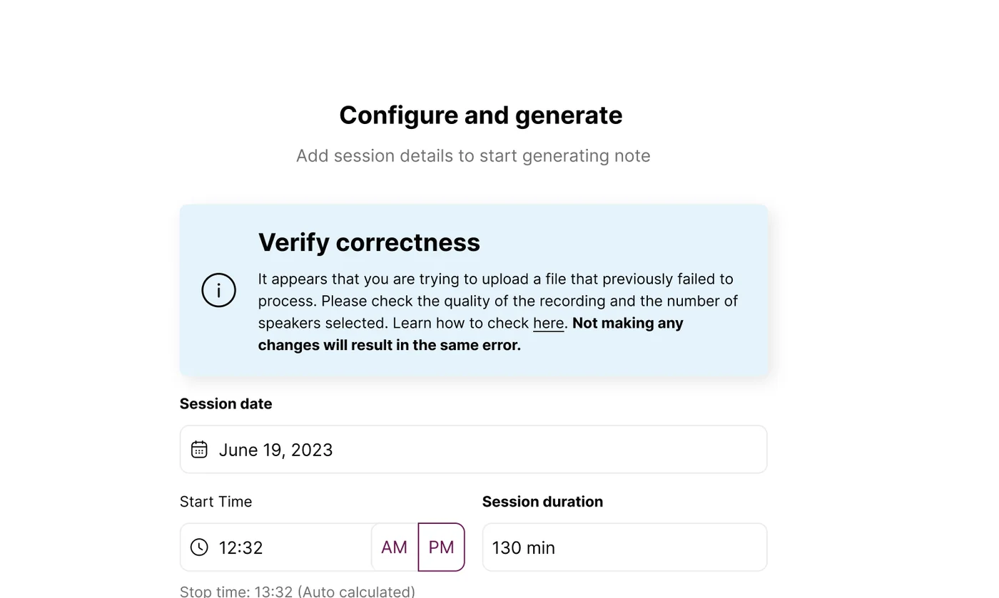 Screenshot: Same File Uploaded Multiple Times error message in Mentalyc