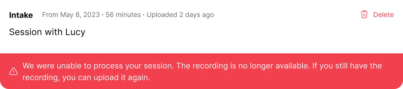 Screenshot: Recording No Longer Available error message in Mentalyc