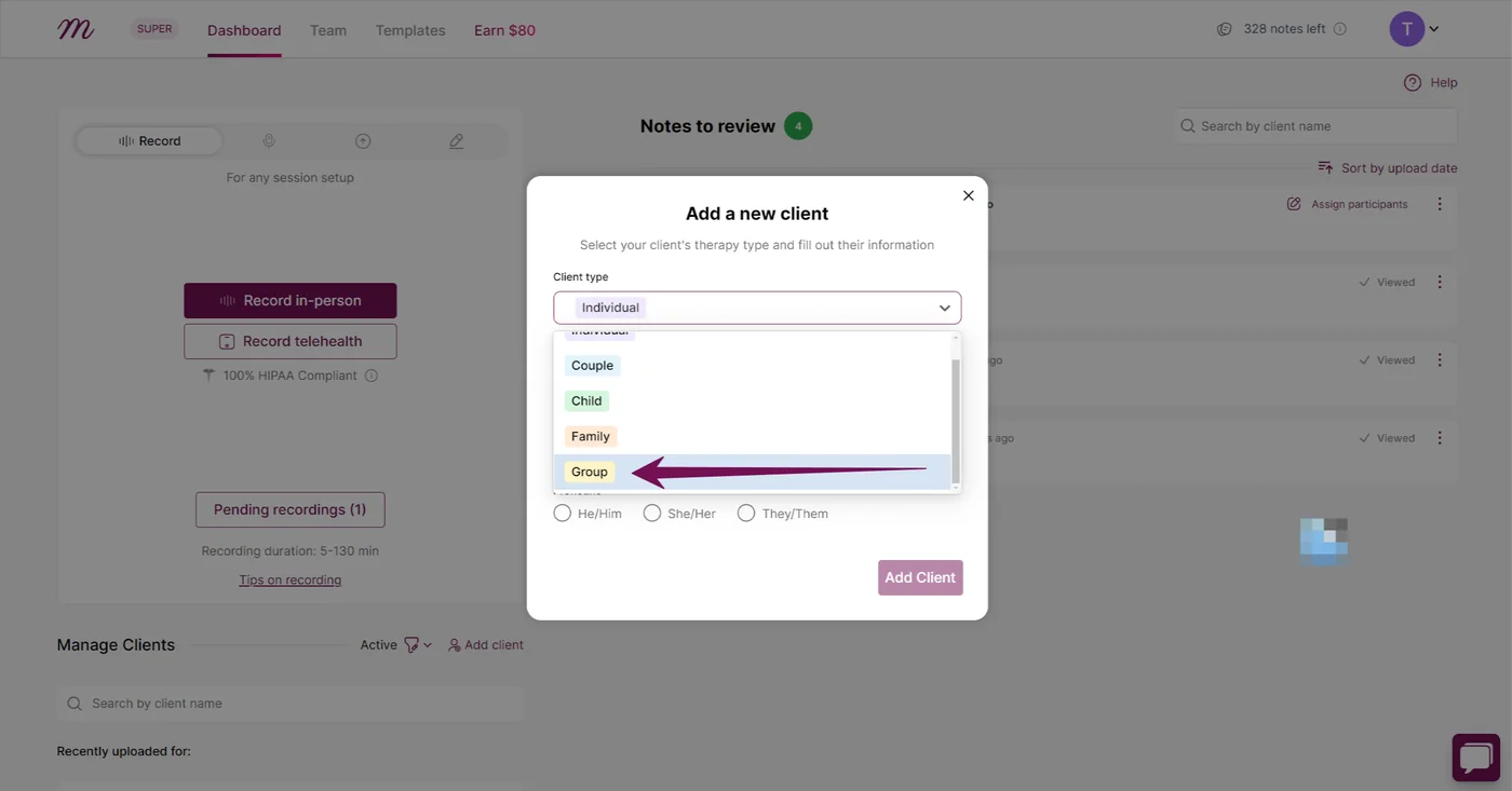 Screenshot: In the dialogue box that appears, set the 'Client type' to 'Group'