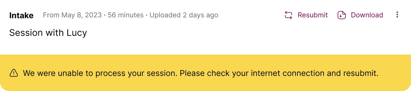 Screenshot: Upload Failed error message in Mentalyc