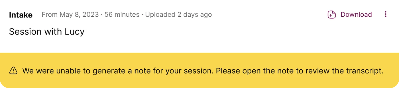 Screenshot: Note Generation Failed error message in Mentalyc