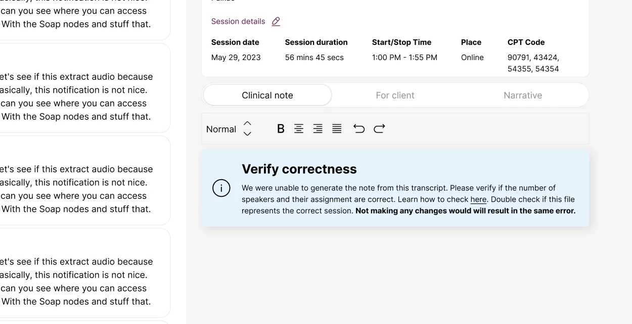 Screenshot: Note Generation Failed error message in Mentalyc