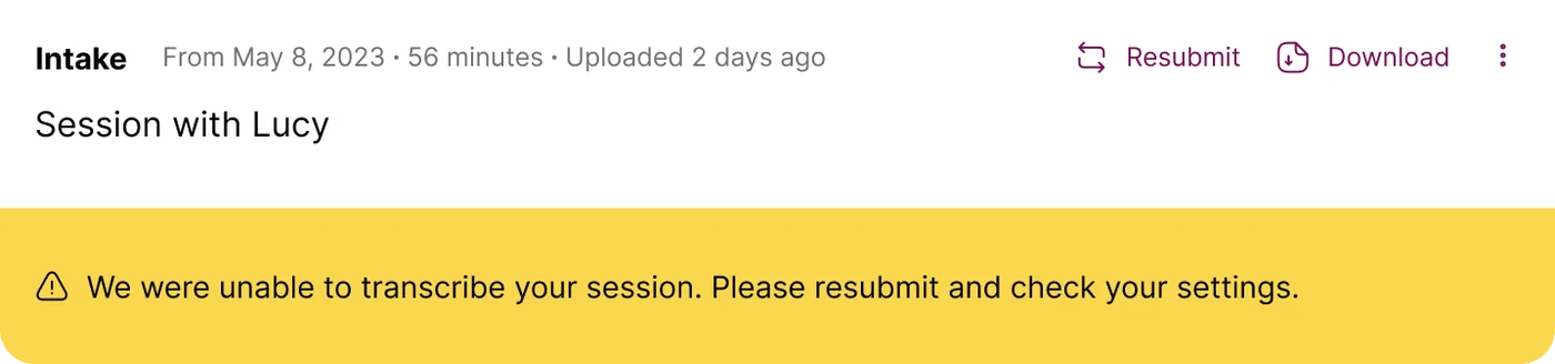 Screenshot: Transcription Failed error message in Mentalyc