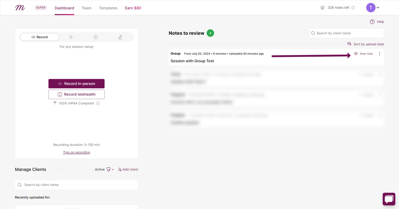 Screenshot: Click on 'View note' to view your progress note