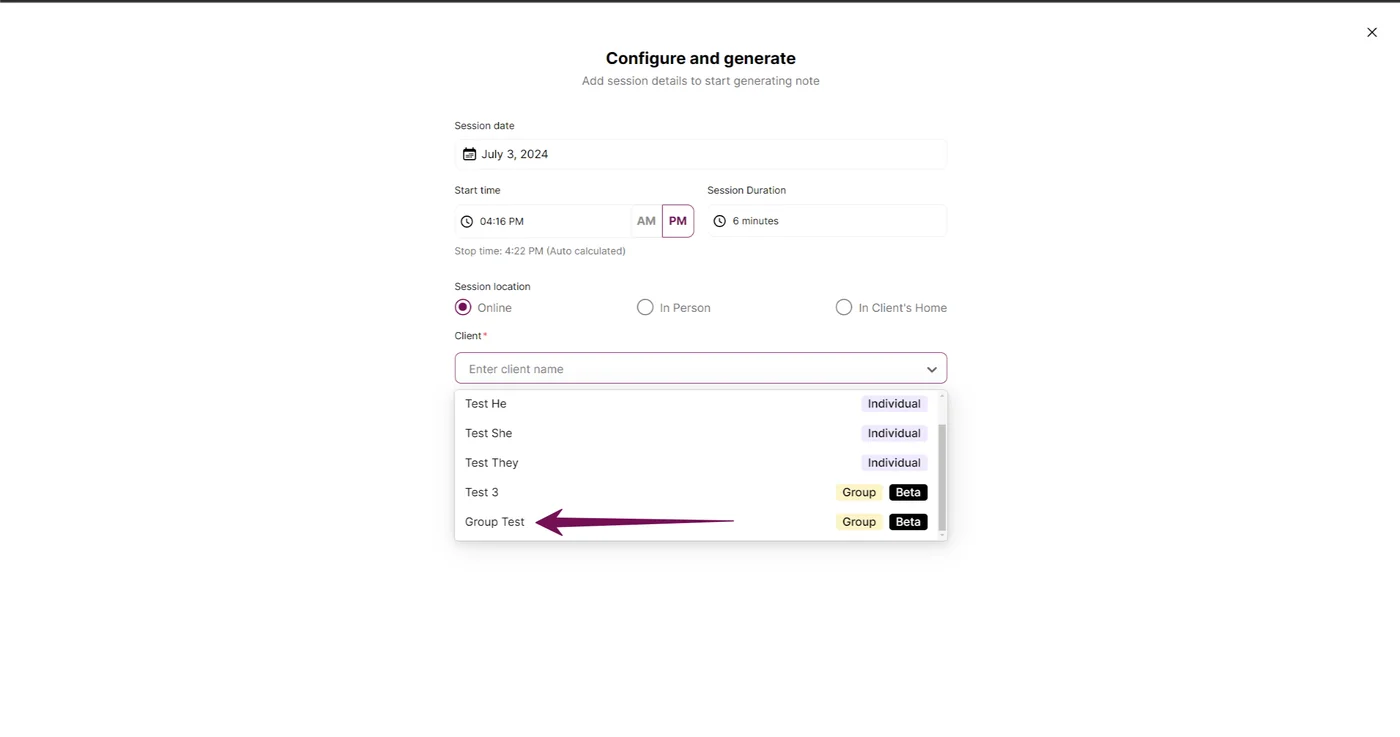 Screenshot: During note configuration, select the group name in the 'Client' input field