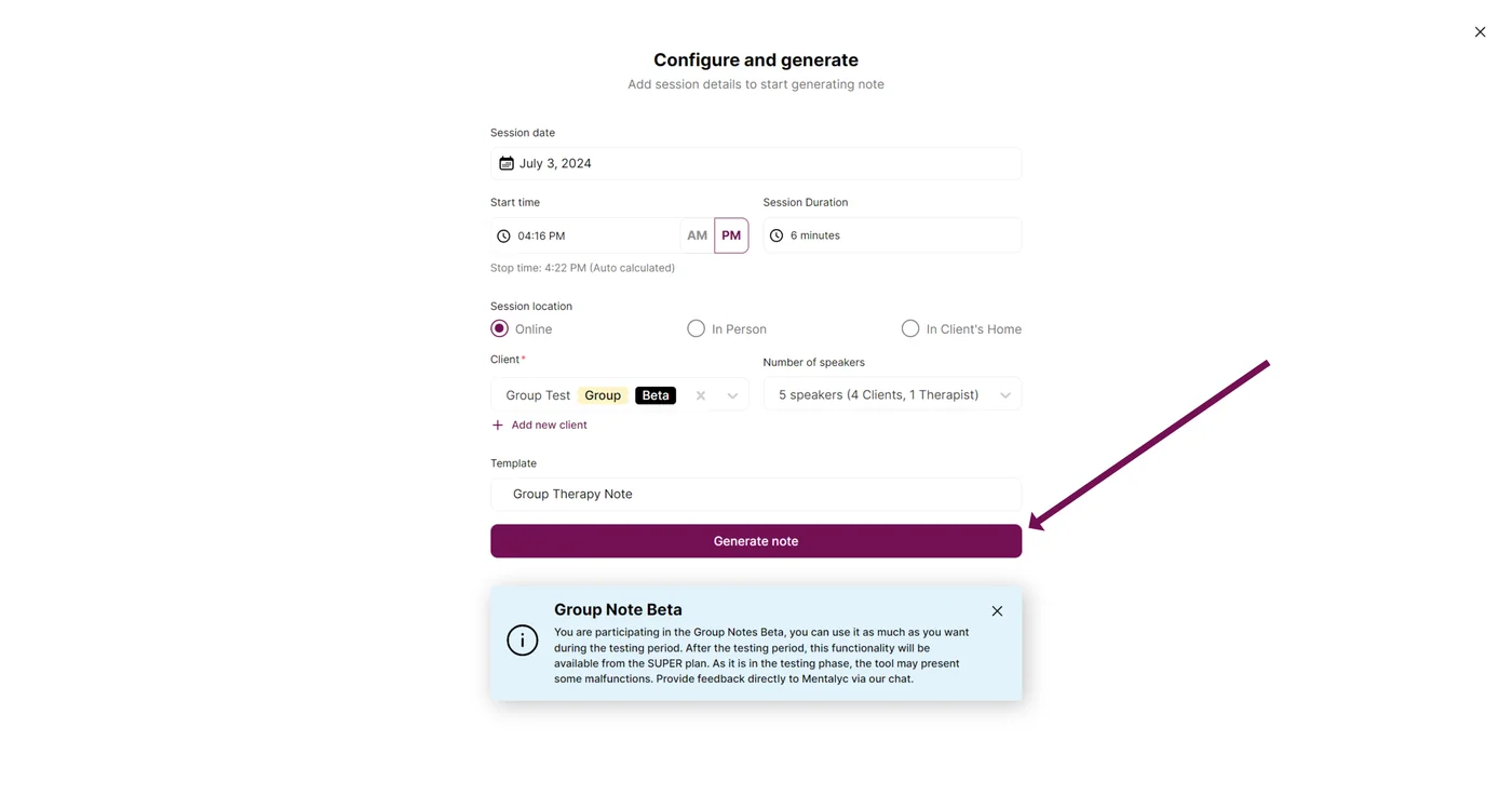 Screenshot: Fill in other necessary information and click 'Generate Note'