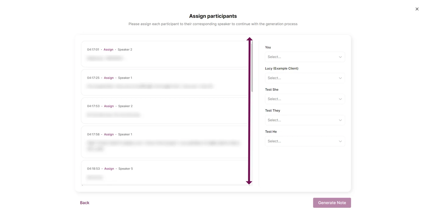 Screenshot: In the 'Assign participants' screen, match the number of speakers to their names based on the session transcript