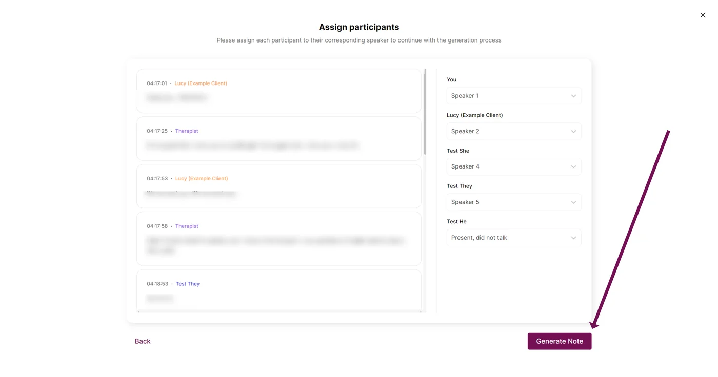 Screenshot: Click 'Generate Note'. The group note will start processing and will be available shortly