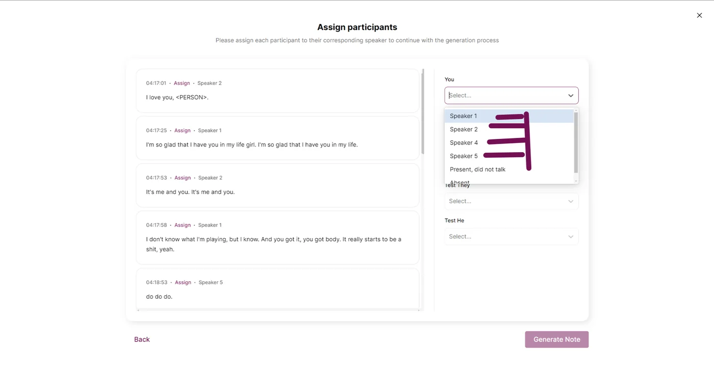 Screenshot: In the 'Assign participants' screen, match the number of speakers to their names based on the session transcript