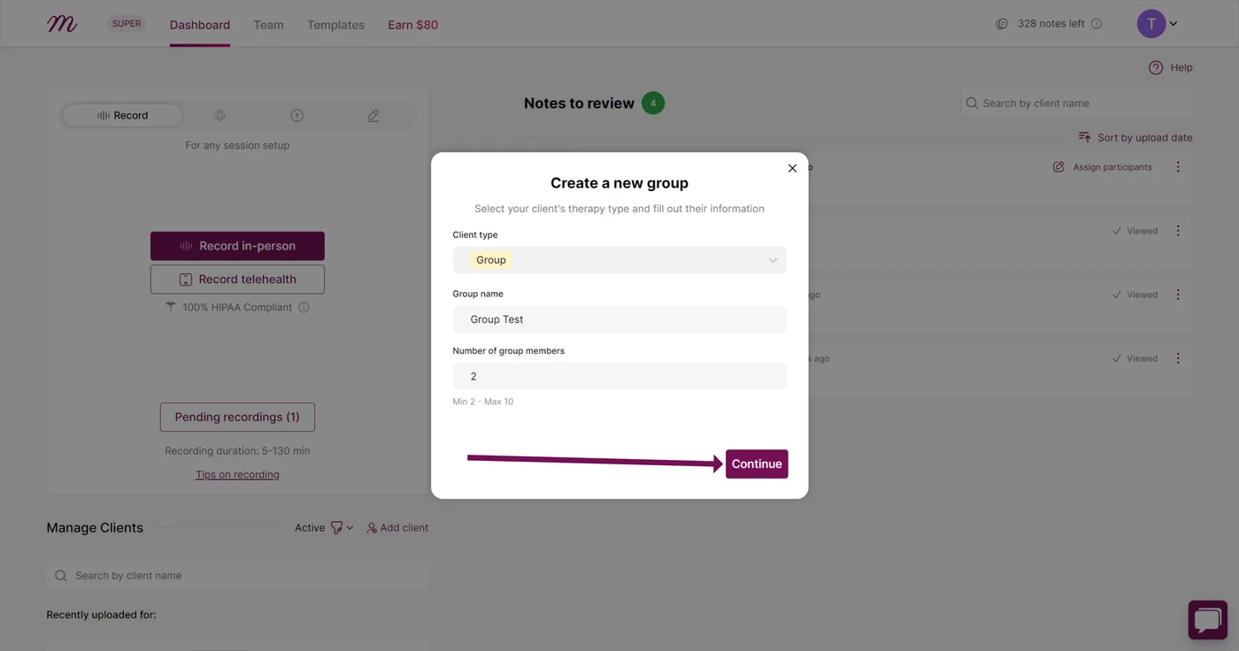 Screenshot: Enter your group name and the number of group members
