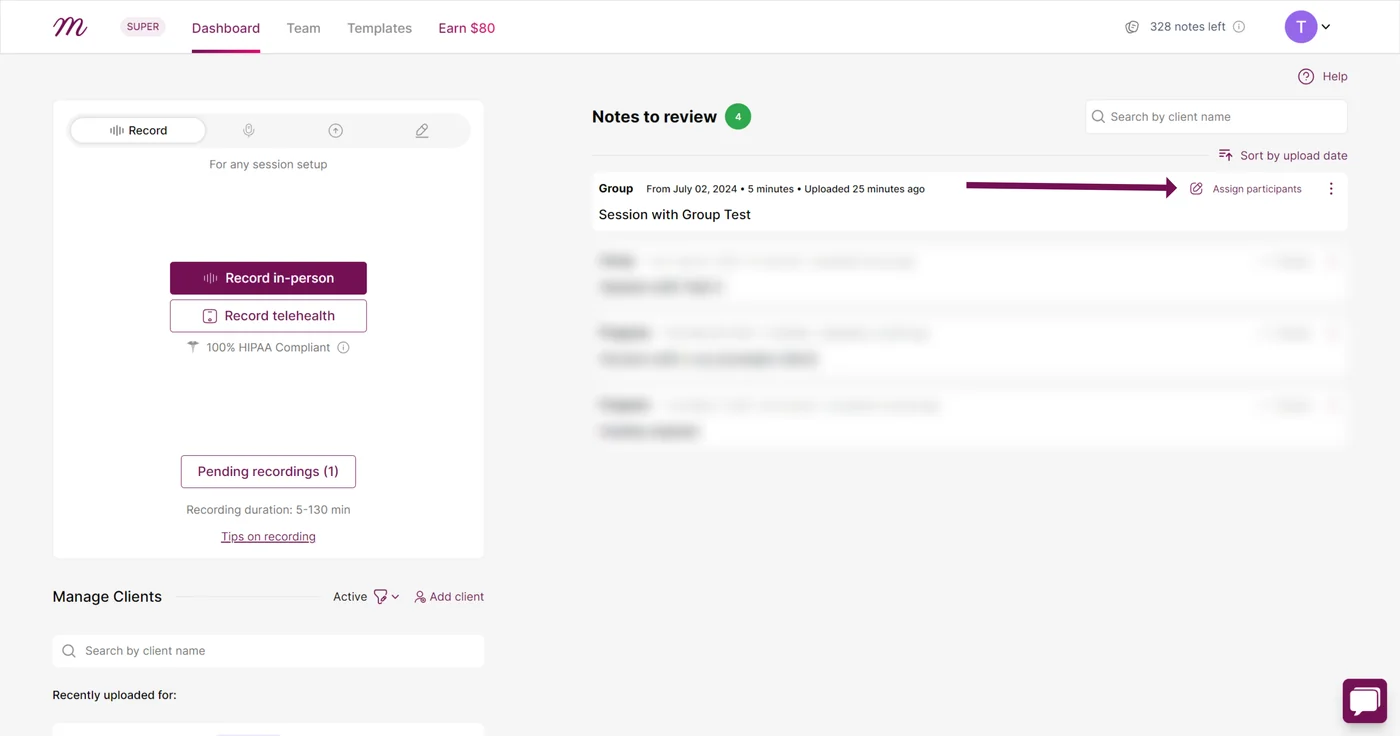 Screenshot: Once the note is generated, go to the session's card preview and select 'Assign participants'
