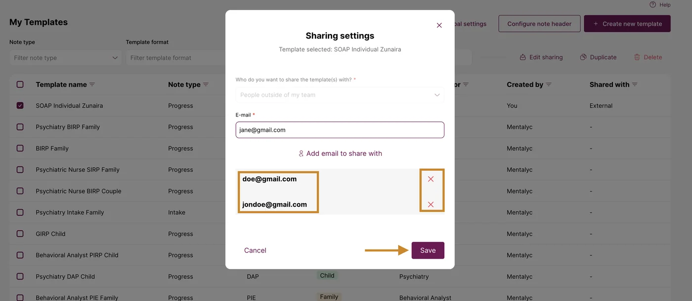 Screenshot: To remove an email, simply click the 'x' next to it, then click 'Save.'