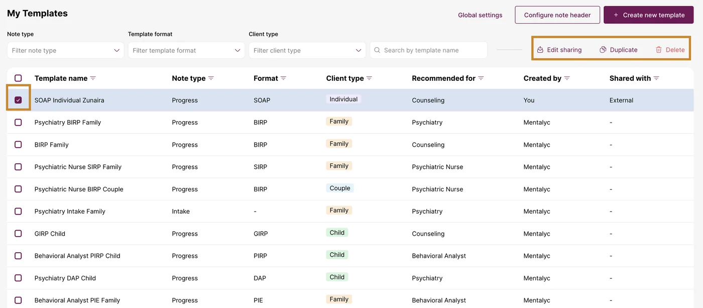 Screenshot: If you no longer want to share a template with a colleague, click on the template and select 'Edit sharing'