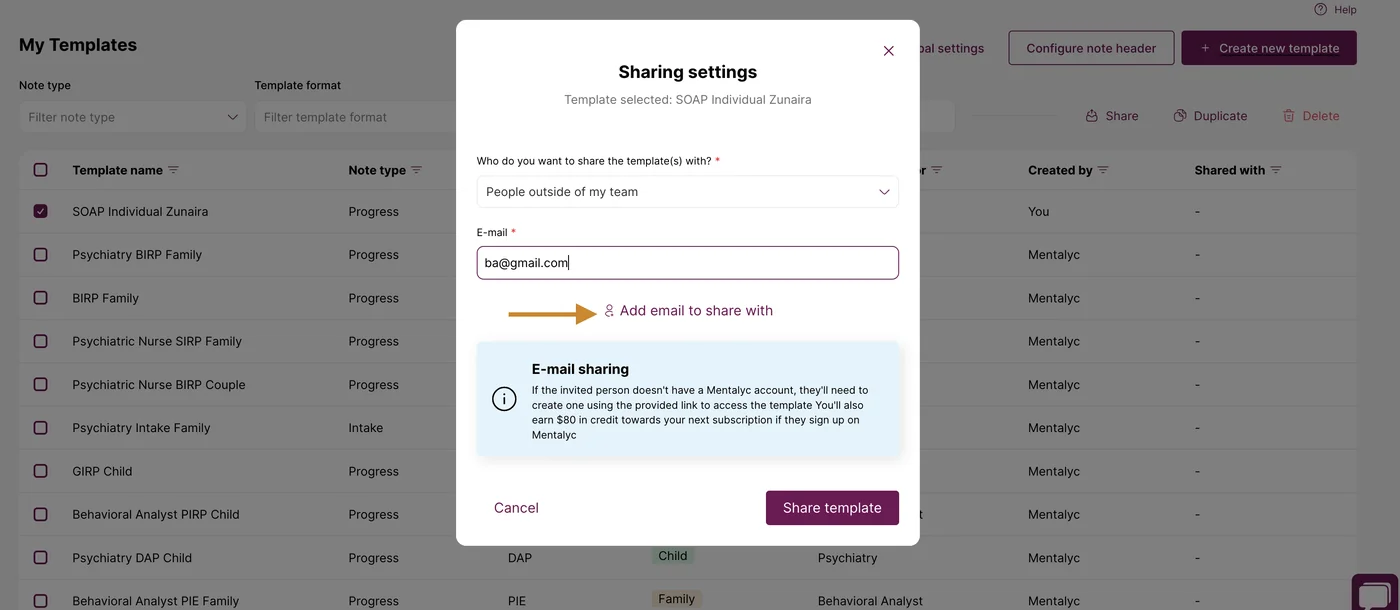 Screenshot: To share with multiple people, click 'Add email to share with' and add more emails