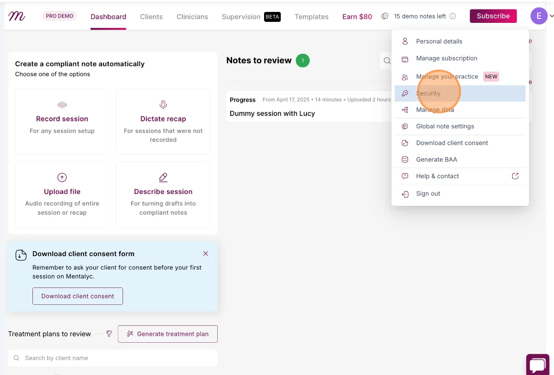 Screenshot: profile menu with the Settings option
