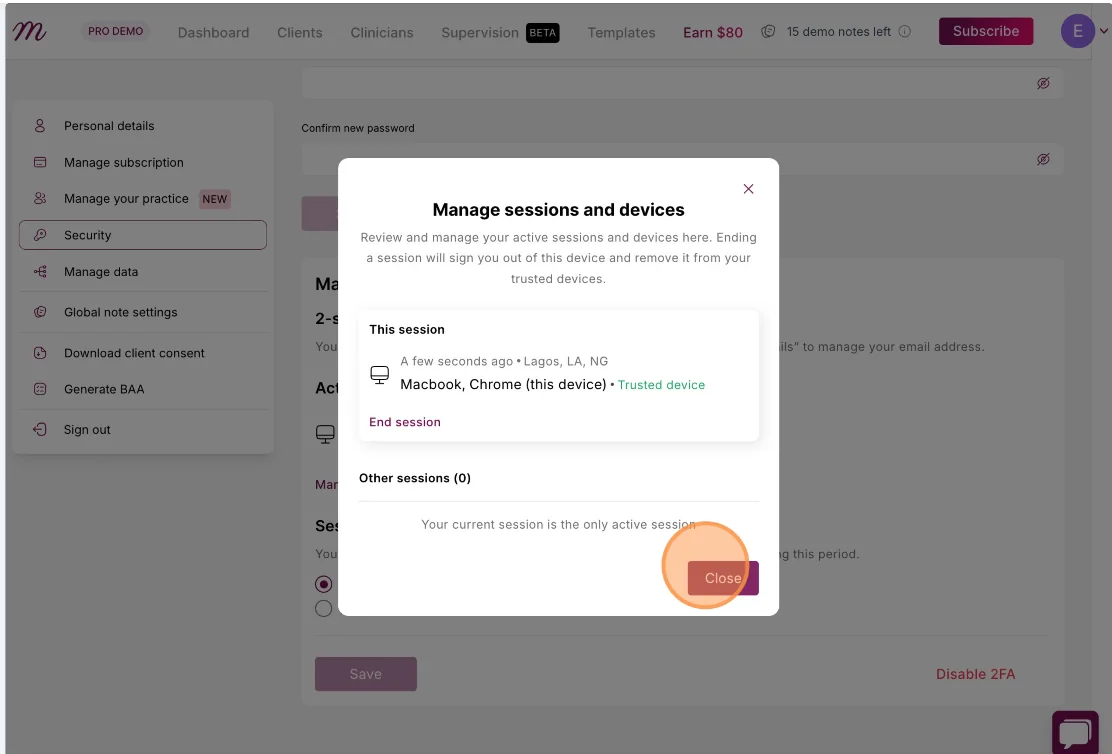Screenshot: list of logged-in devices with the option to end sessions