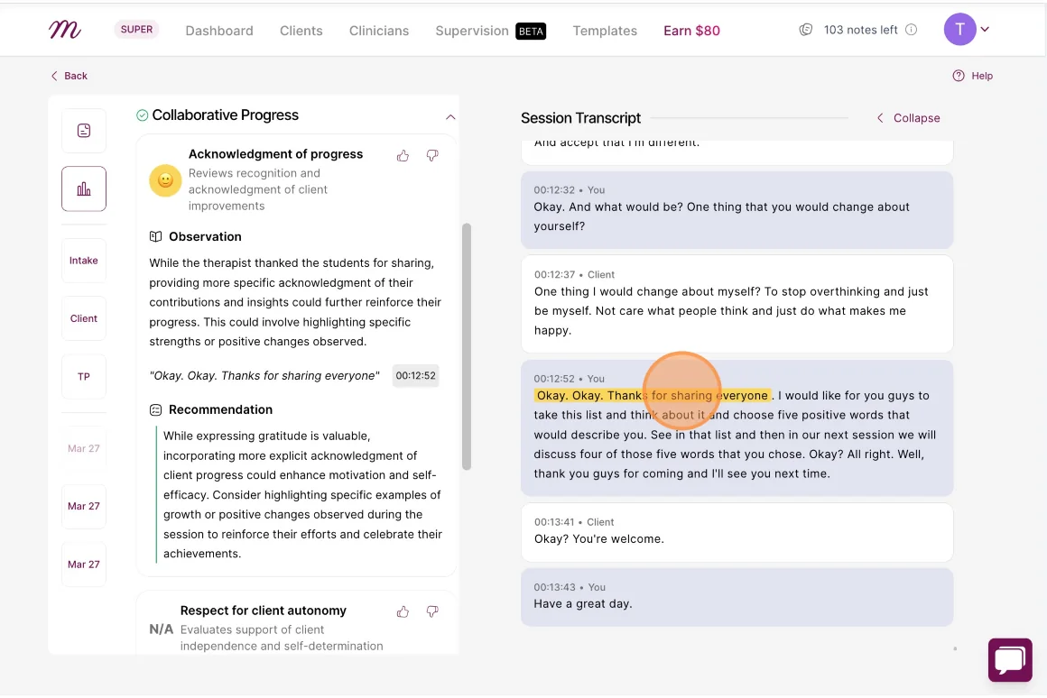 Screenshot: You can click on the session timing or minutes next to a feedback point