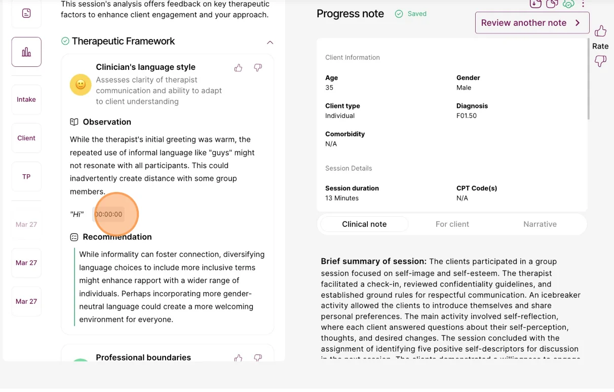 Screenshot: You can click on the session timing or minutes next to a feedback point