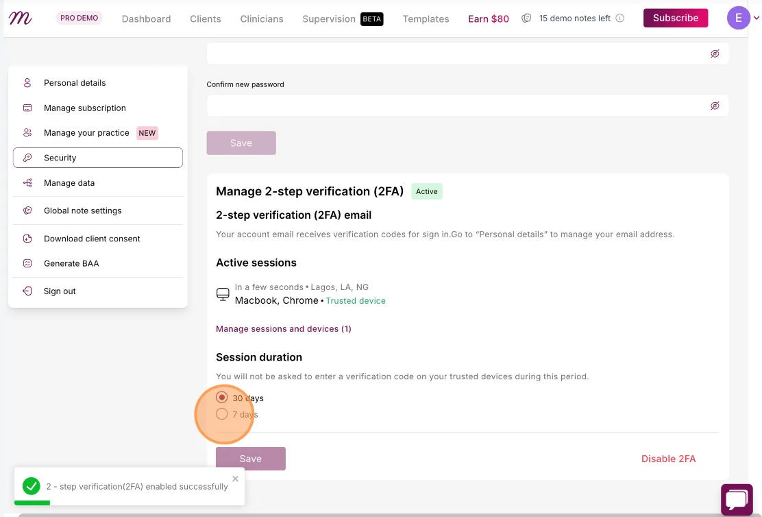 Screenshot: 2FA setup with the session duration choice of every 7 or 30 days