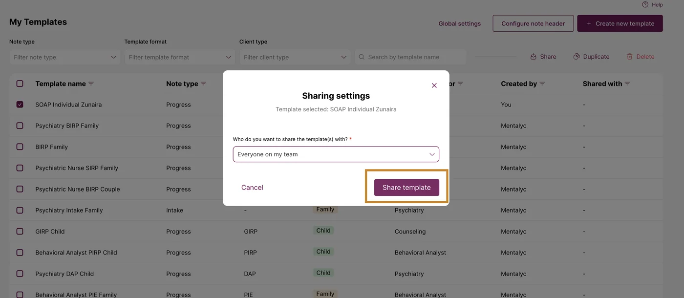 Screenshot: To share templates with every group member select 'Everyone on my team' and click Share template