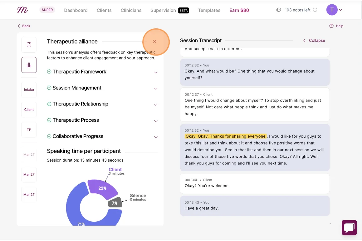 Screenshot: speaking time of therapist and client in Alliance Genie