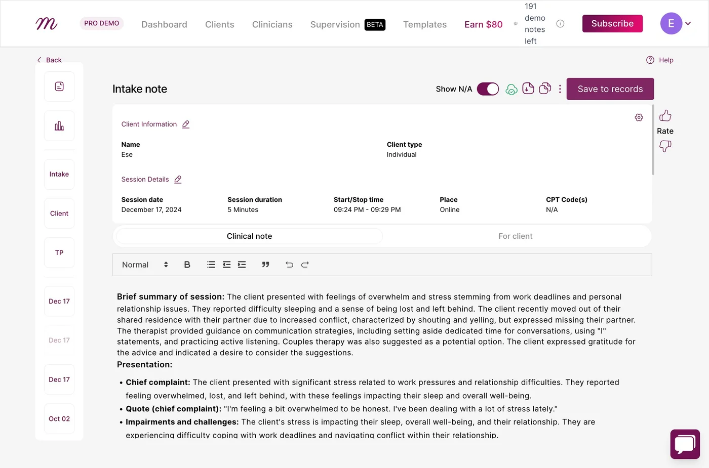 Screenshot: Begin by choosing a session note that you want to analyze with Alliance Genie