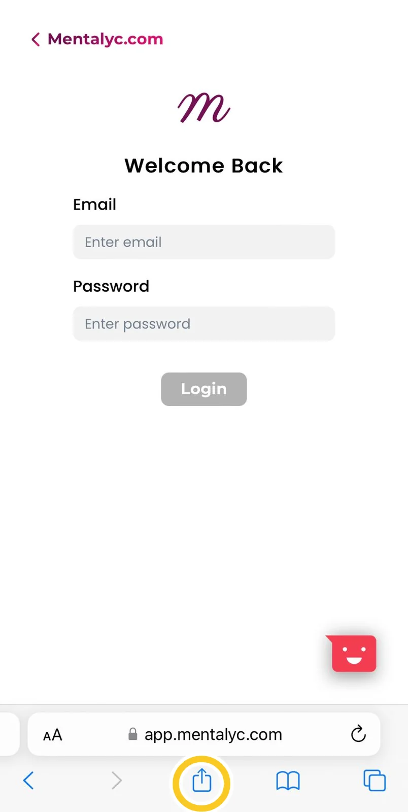 Screenshot: Step 2: After accessing the browser, type in Mentalyc’s URL and then go to the login page
