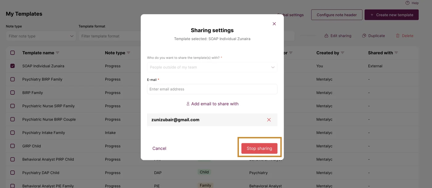Screenshot: Then, click 'Stop Sharing.' The person will no longer see the template on their list
