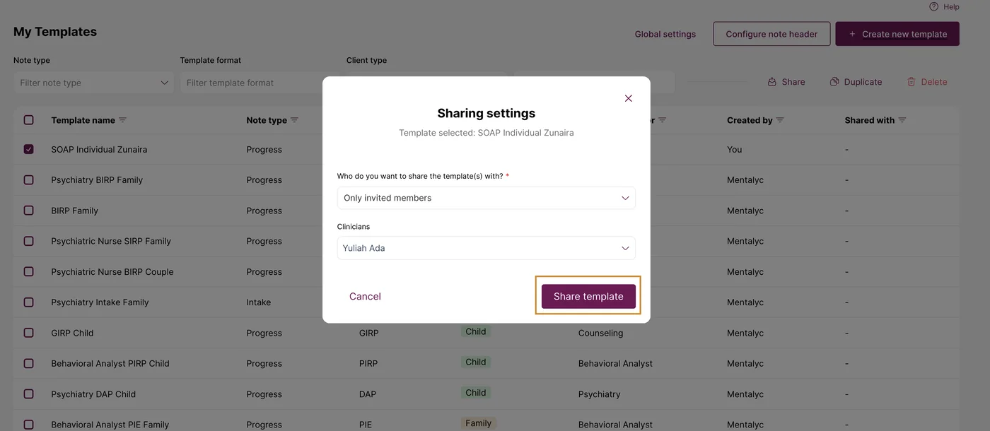 Screenshot: Click 'Share template' to share it with the selected people