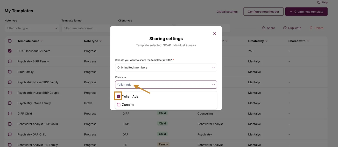 Screenshot: Next, select the people you want to share with by checking the box next to their names. You can choose multiple people