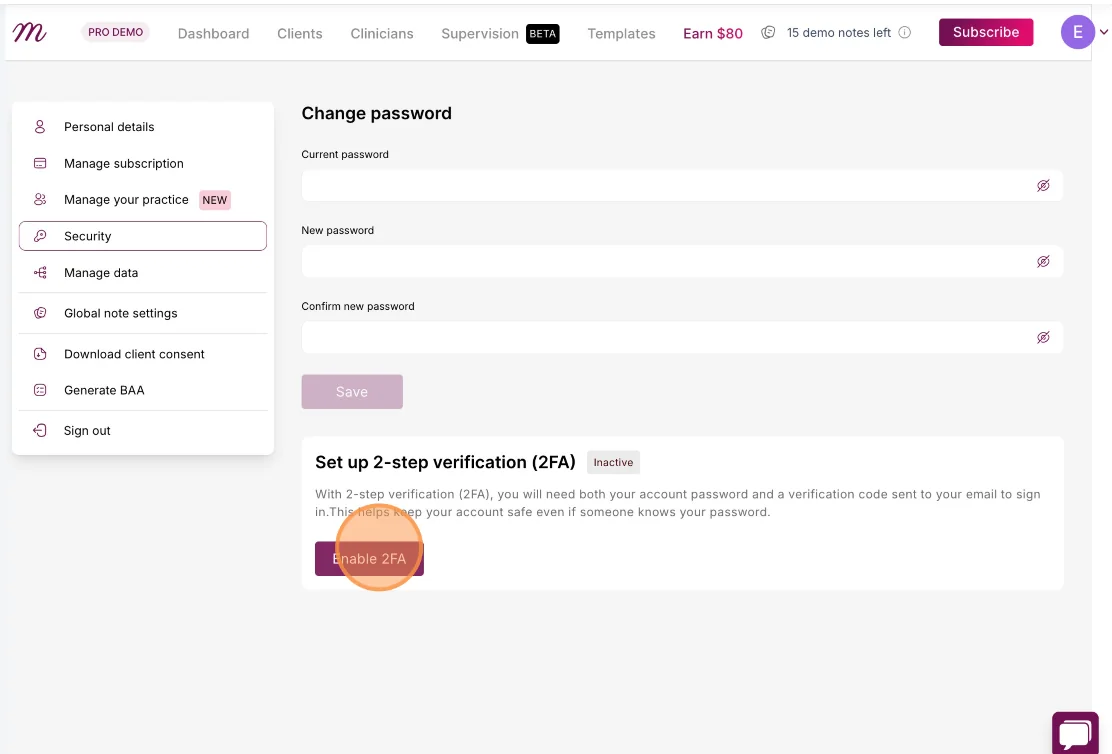 Screenshot: Security tab with the Enable Two-Factor Authentication (2FA) option