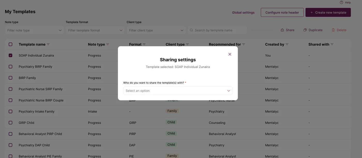 Screenshot: Click 'Select an option' in the pop-up to choose who you want to share your template with