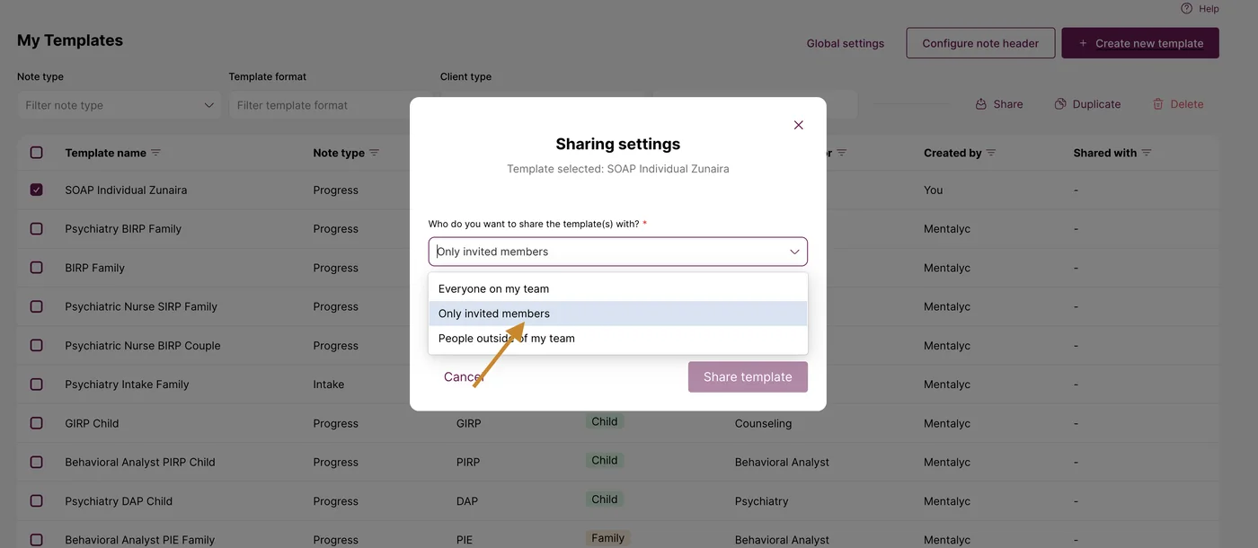 Screenshot: You can share template with selected people on your group by clicking on 'Only invited members'