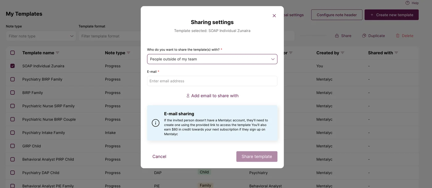 Screenshot: sharing a template by email with people outside the team
