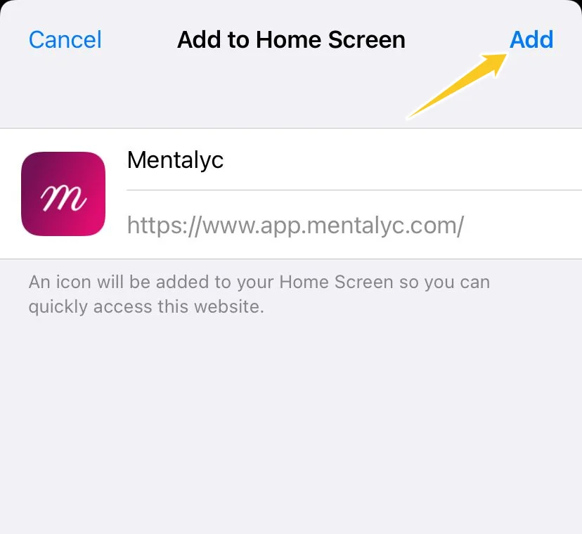 Screenshot: Step 5: A new screen will appear with the website’s icon name and link. Then press the 'Add' button