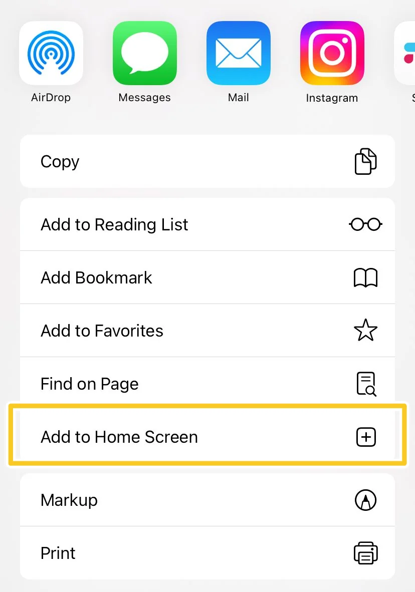 Screenshot: Step 4: Press on the 'Add to Home Screen' button