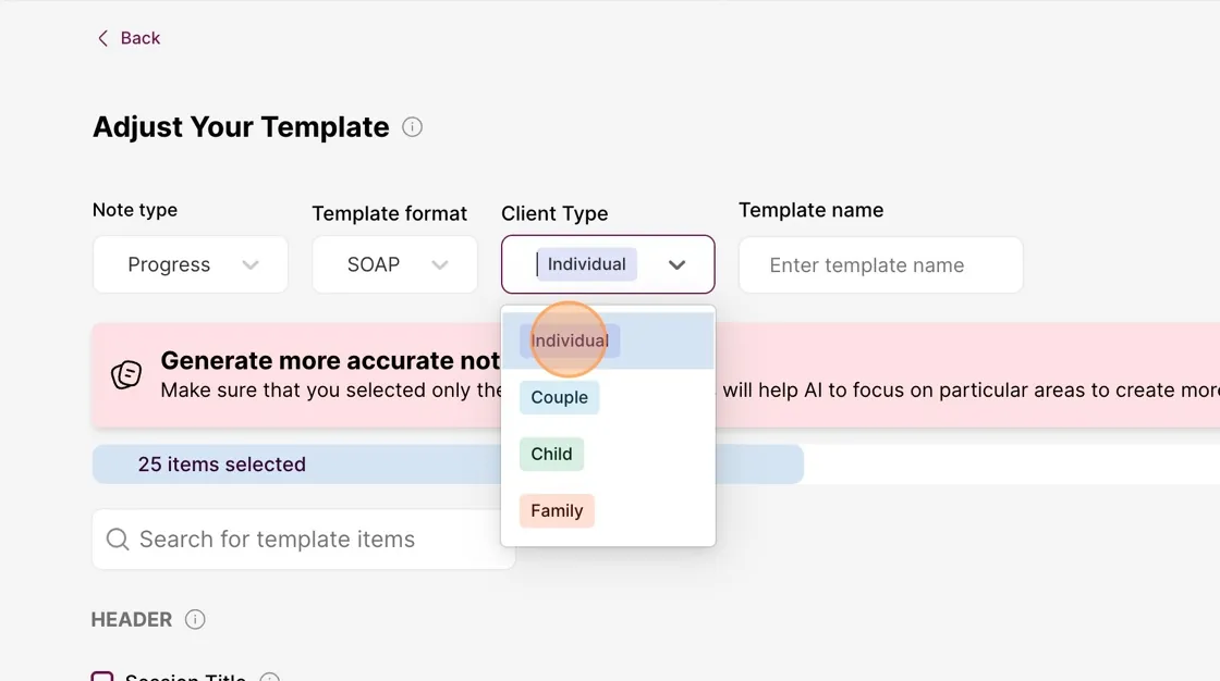 Screenshot: Select the client type