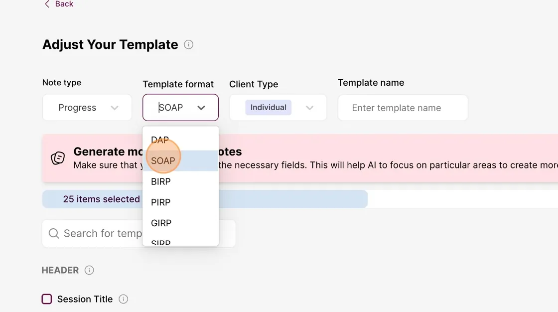 Screenshot: Select the template format