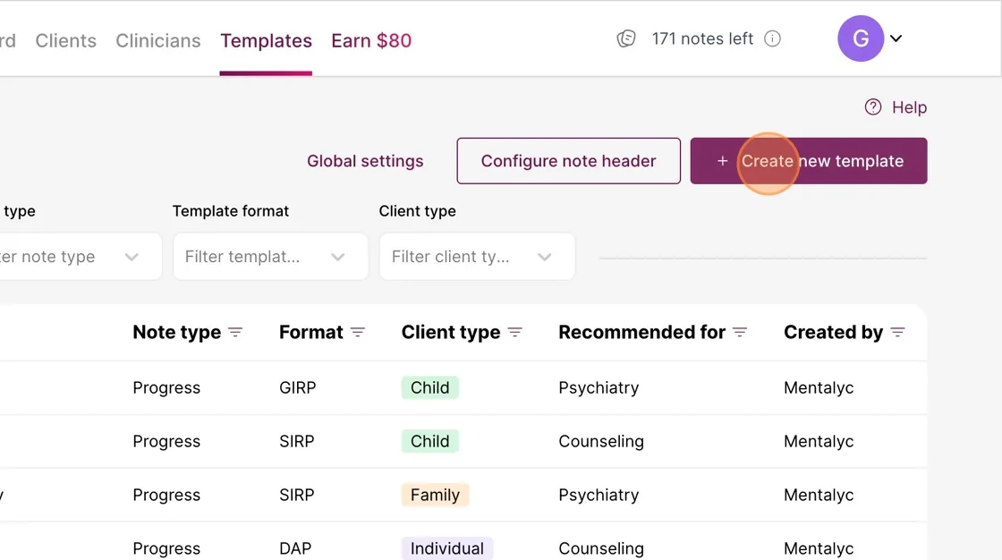 Screenshot: Then click on 'Create new template'