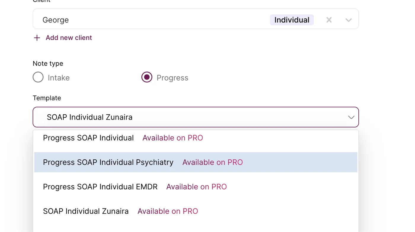 Screenshot: Your newly created template will be available in the drop down with all note types while configuring your new notes!