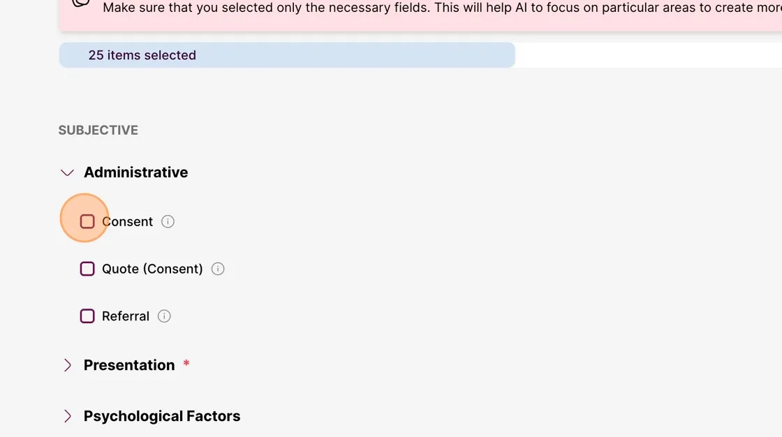 Screenshot: Click on the items you'd like the AI to include in your new template