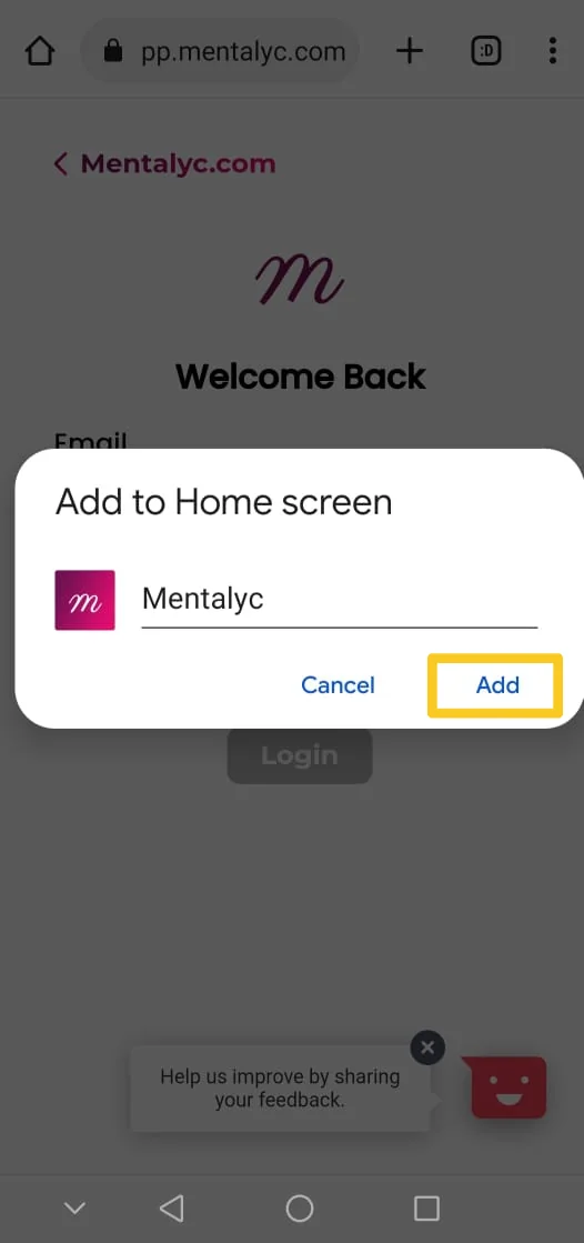 Screenshot: Step 4: After that, a screen will pop up showing you the icon of the Mentalyc website. Press on the 'Add' button