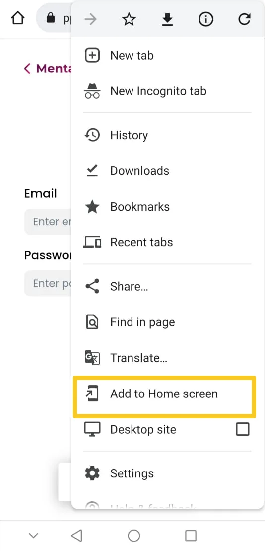 Screenshot: Step 3: Press on the 'Add to Home screen' button