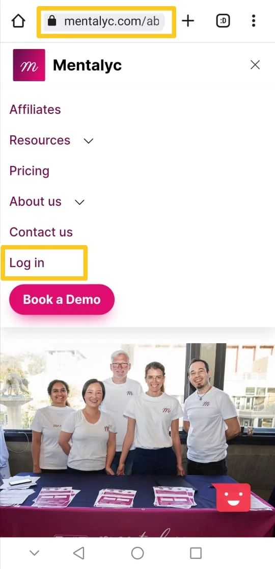 Screenshot: Step 1: Open the Google Chrome web browser, type in the Mentalyc website’s URL and access the login page