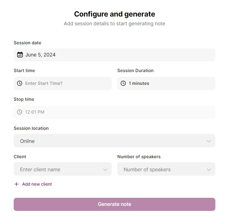 Screenshot: Step 4: Input the details of the particular session and click on 'Generate note'