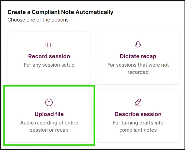Screenshot: Step 1: After logging in, click on the 'Upload file' tile at the bottom-left side of the card on the dashboard