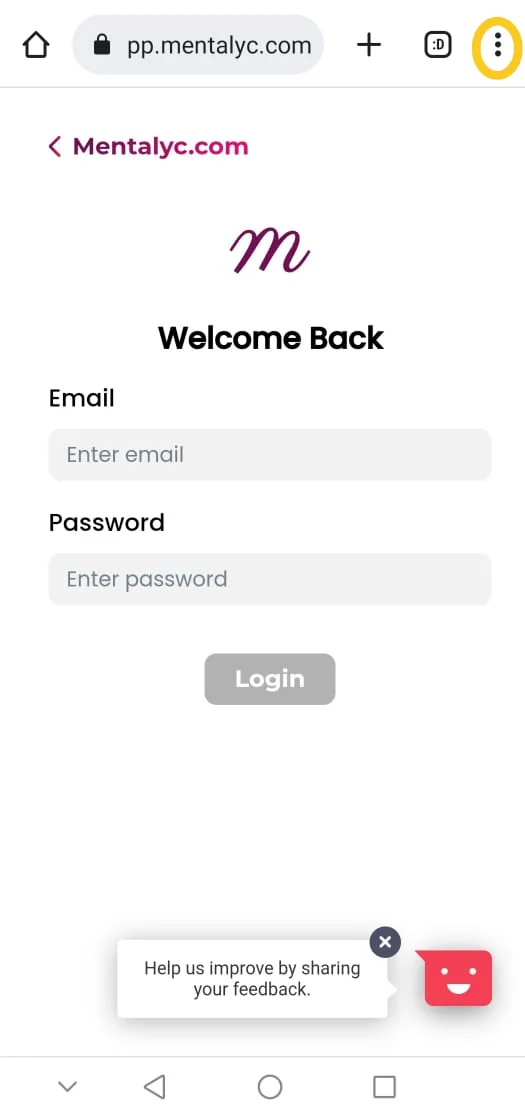Screenshot: Step 2: Once you are directed to the login page press on the three dots at the top right-hand side of the screen