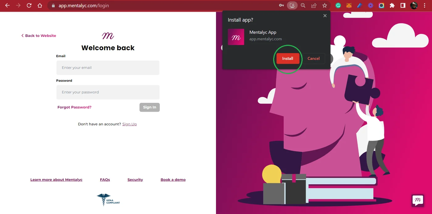 Screenshot: Step 4: Click 'Install' on the confirmation window. This will install the Mentalyc shortcut to your PC or Mac